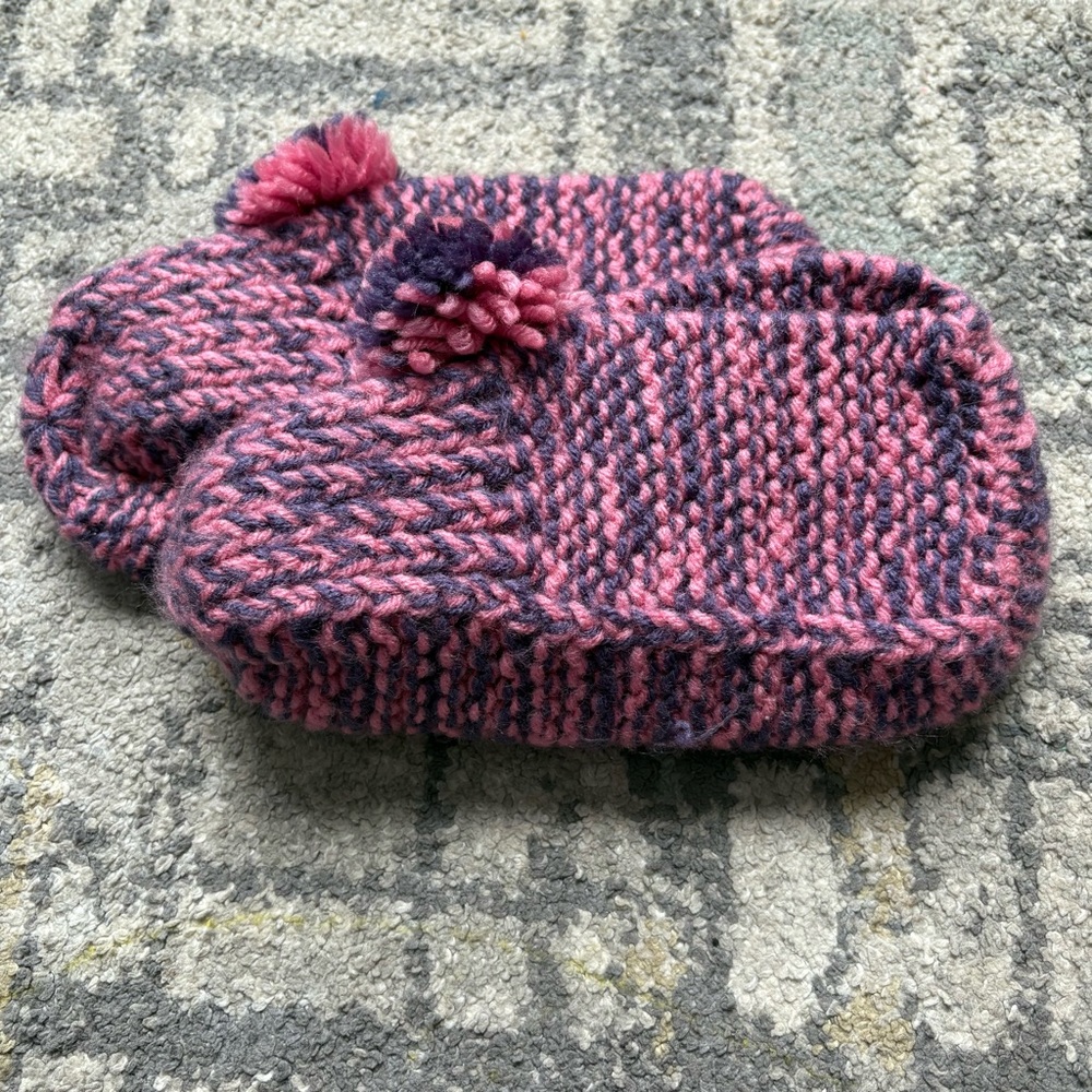 Cabincore Snuggle Worthy Pink and Purple Knit PomPom Slippers